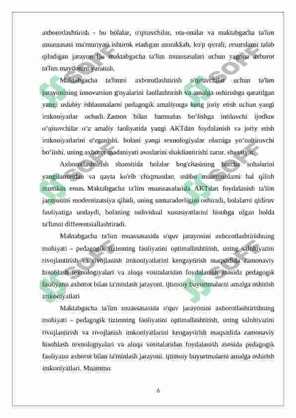 Maktabgacha yoshdagi bolalarga ta’lim-tarbiya berishda axborot texnologiyalarining o’rni 6