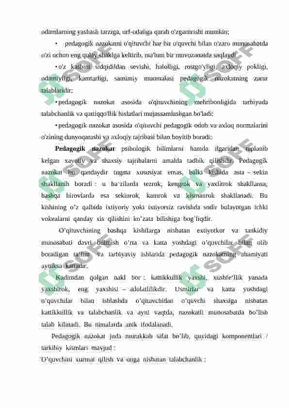 Pedagogik nazokat, va xushmuomalalik, kasbiy pedagogik dilkashlikning o’qituvchi xulq atvorida shakllanishidagi o’rni 6