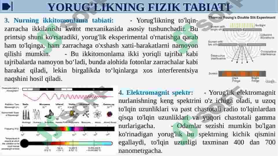 YORUG'LIKNING FIZIK TABIATI.YORUG'LIK NURI TARQALISH QONUNLARI. TO'LA ICHKI QAYTISH VA UNDAN TIBBIYOTDA FODALANISH. TOLALI OPTIKA. ENDOSKOPLAR VA REFRAKTOMETRLAR. KO'ZNING OPTIK SISTEMASI. KO'Z KAMCHILIKLARI VA UNI BARTARAF ETISH. 6