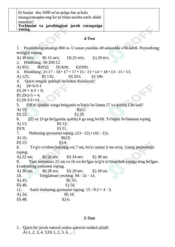 Matematika fanidan testlar 6