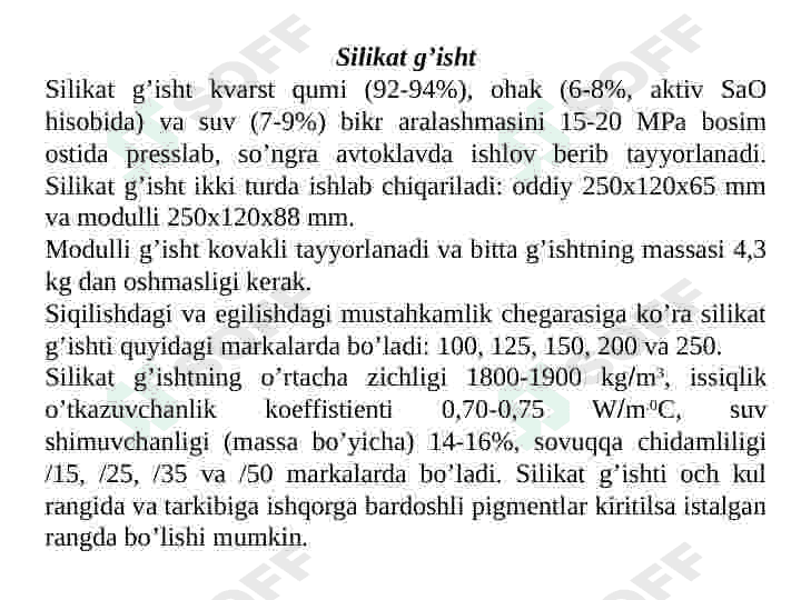 Mineral boG’lovchilar asosida tayyorlangan sun’iy tosh materiallar va buyumlar 6