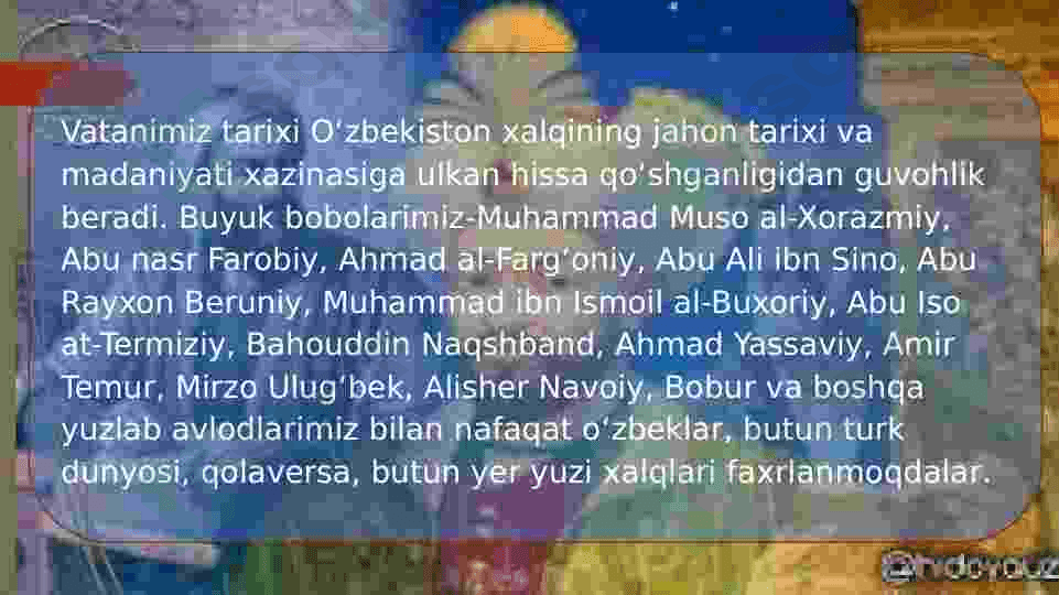 O’zbekiston tarixi fanining predmeti, uni o’rganishning nazariy-metodologik asoslari, manbalari va ahamiyati. Markaziy Osiyo jahon sivilizatsiyasining ajralmas qismi 6