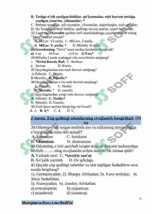 6-sinf Tarix fanidan mavzulashtirilgan test va savollar to'plami 6