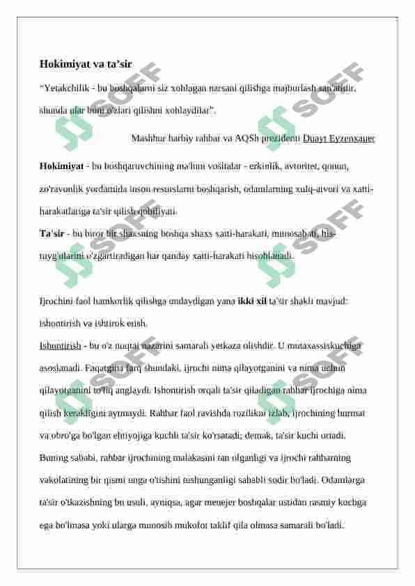 “YETAKCHILIKNI RIVOJLANTIRISH” FANIGA KIRISH,Referat 6