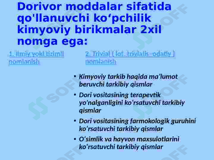 Farmasevtik terminologiyaga kirish.Dorivor moddalarning trivial nomlari. Tarkibiy qismchalar.Dori shakllari.Farmasevtik terminlar strukturasi. standart retseptura formulirovkalari. 6