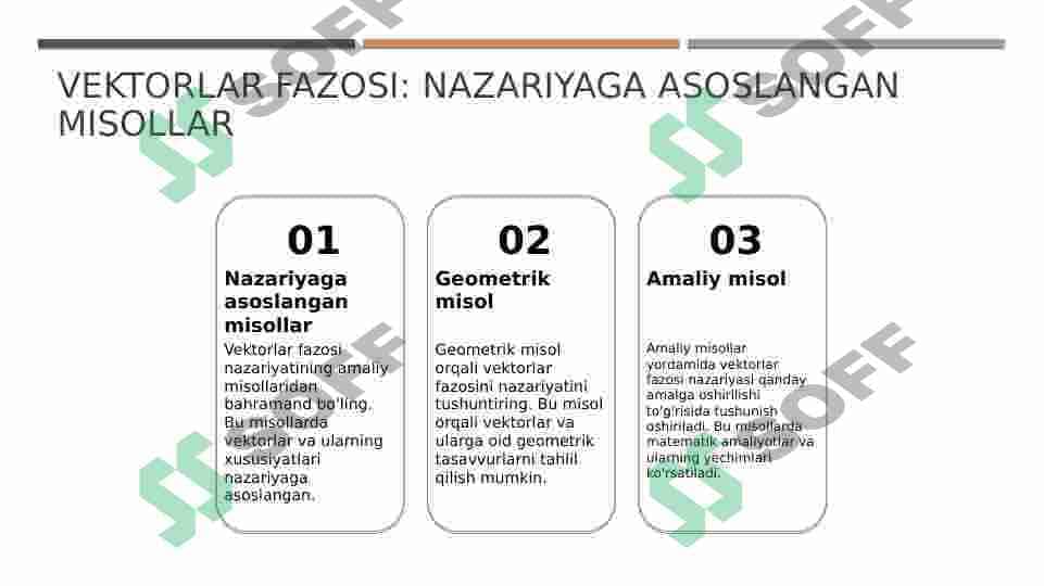 Vektorlar fazosi. Vektorning proyeksiyasi.Yoʻnaltiruvchi kosinuslar.Vektorlar nazariyasi tadbiqlari. 6