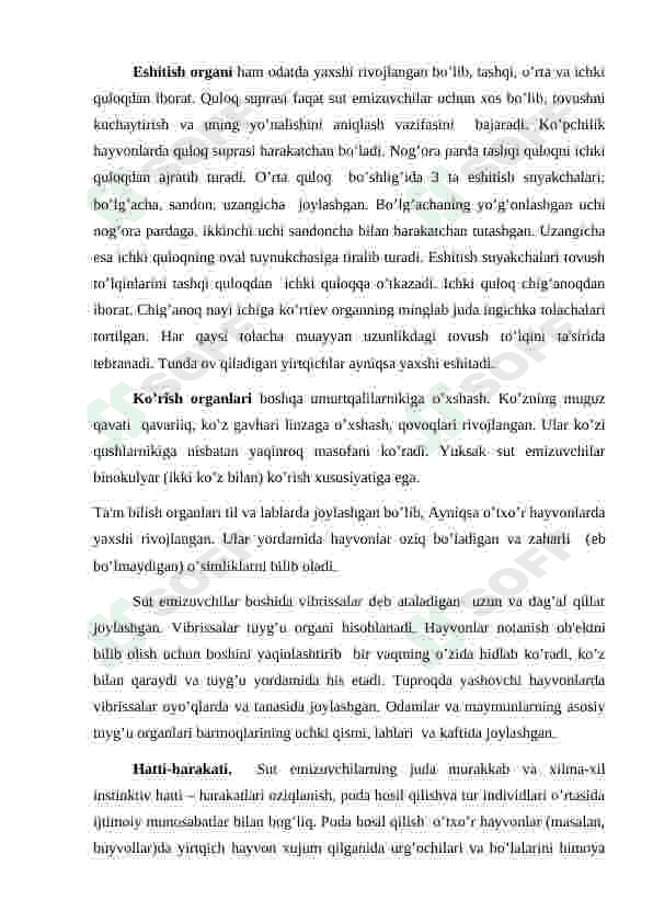 Sut emizuvchilarning sinfining umumiy ta’rifi, tashqi tuzilishi,skelet va muskulaturasi 6