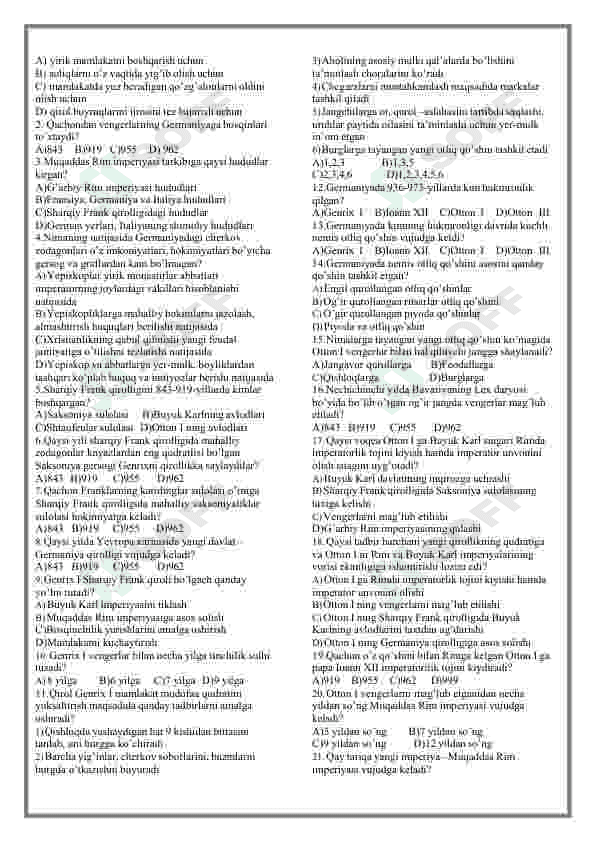 Jahon tarixi fanidan mavzulashtirilgan testlar / 7-sinf 6
