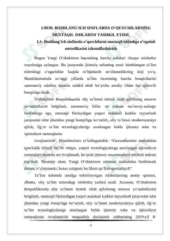 Boshlang'ich sinflarda o'quvchilarning mustaqil ishlarini tashkil etish va ta'limdagi ahamiyati kurs ishi 6