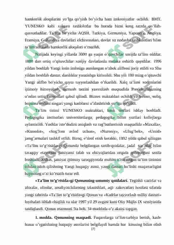 O’zbekiston Respublikasining “Ta’lim to’g’risida”gi qonuni va uning mazmun mohiyati 7