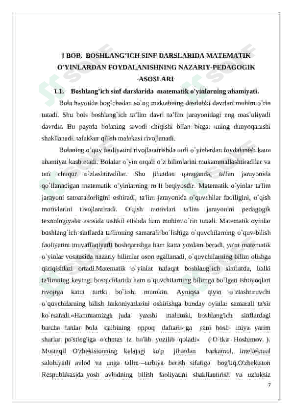 Boshlangʻich sinflarda matematik oʻyinlarning oʻziga xos xususiyatlari kurs ishi 7