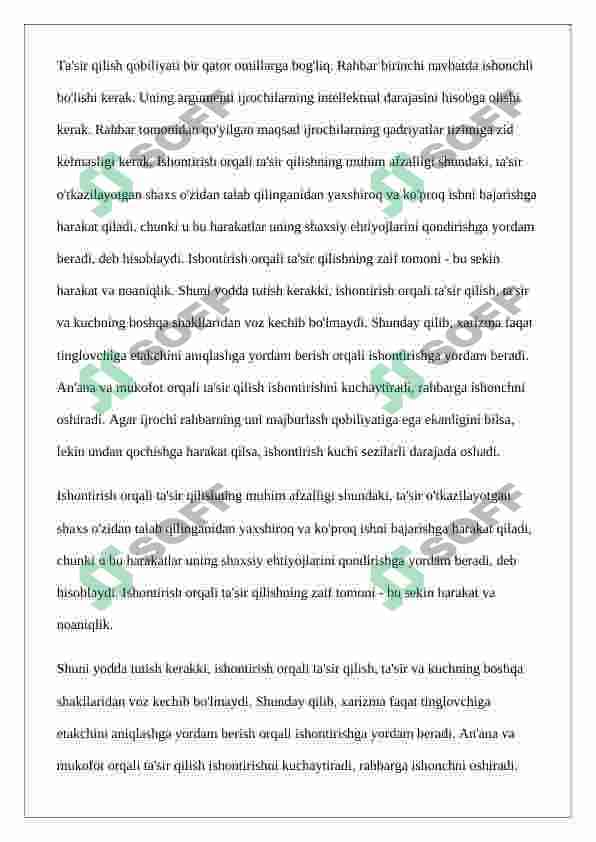 “YETAKCHILIKNI RIVOJLANTIRISH” FANIGA KIRISH,Referat 7