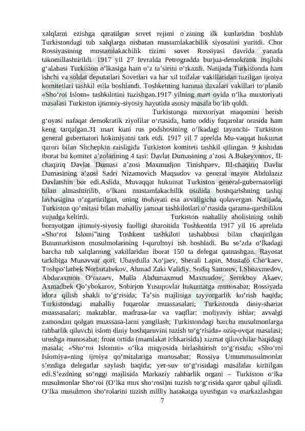 “TURKISTONDA BOLSHEVIKLAR HUKMRONLIGI VA UNING XONLIKLARGA TA’SIRI” 7