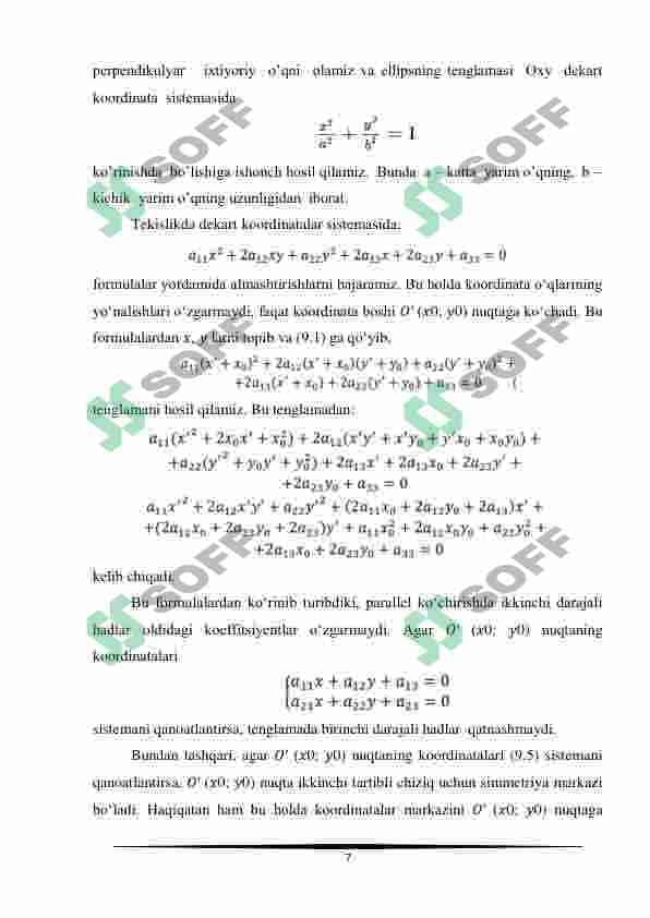 Ikkinchi tartibli chiziqning markazi. Ikkinchi tartibli chiziqning to'g'ri chiziqli bilan kesishishi. 7