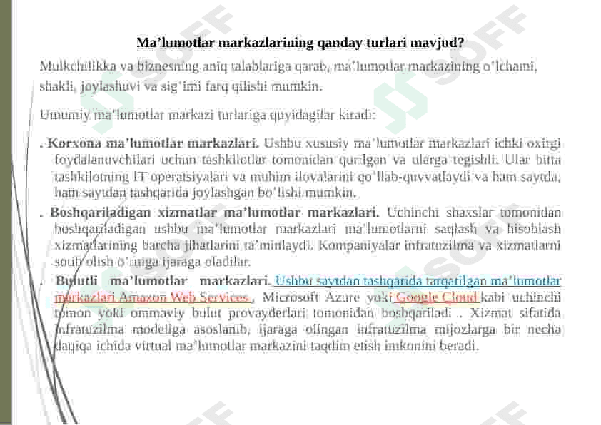 Bulut texnologiyasi asosida yaratilgan ma’lumotlarni qayta ishlash markazlarini o’rganib chiqish 7