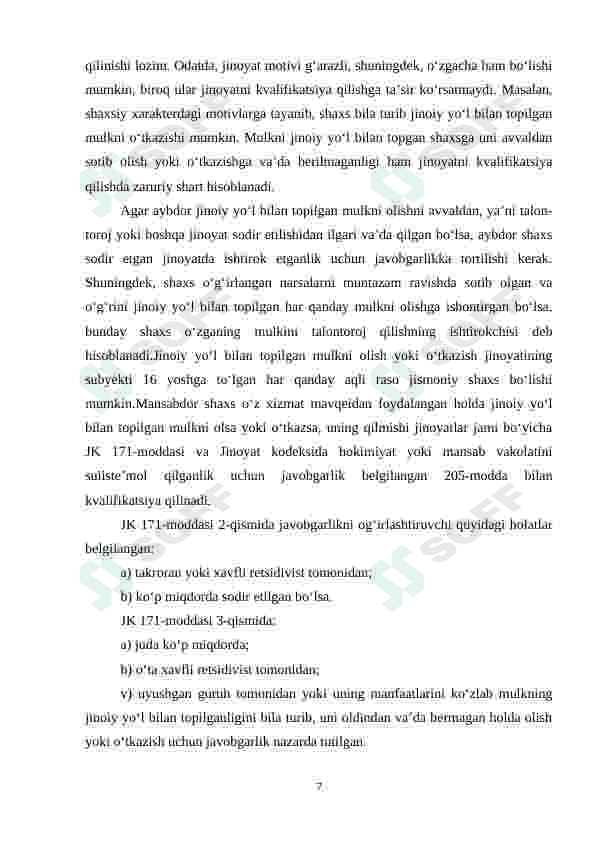 “O‘ZGALAR MULKINI TALON TAROJ QILISH BILAN BOG‘LIQ BO‘LMAGAN JINOYATLAR” 7