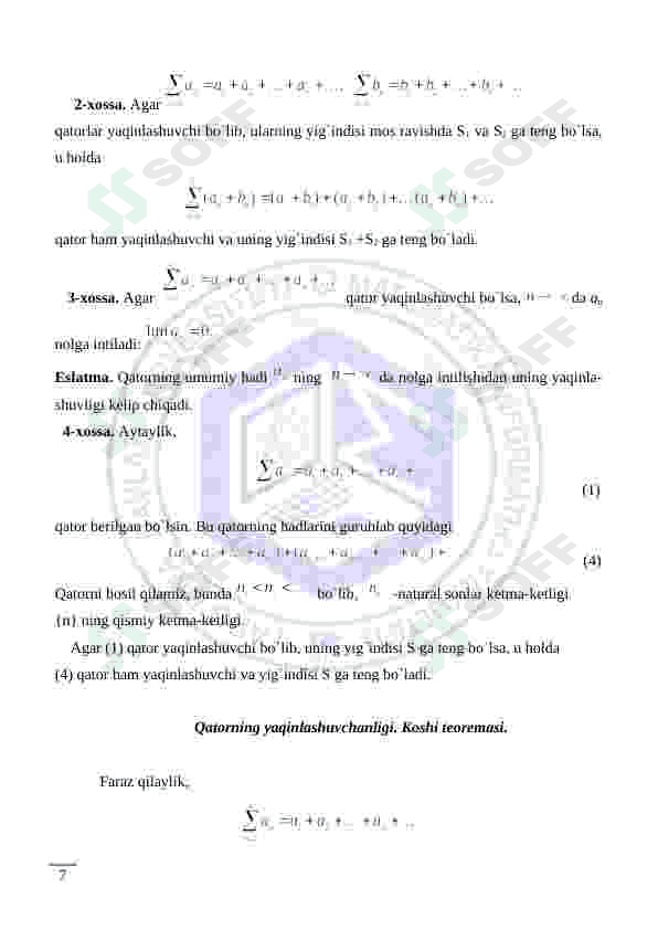 Sonli qator tushunchasi, uning yaqinlashishi va uzoqlashishi. Yaqinlashuvchi qatorlarning xossalari 7
