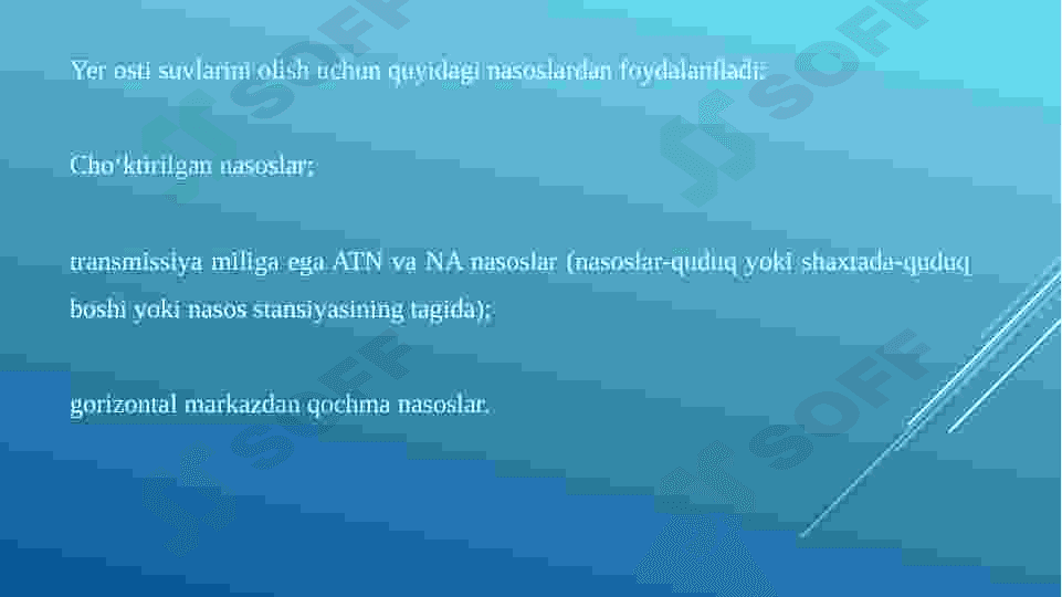 Yer osti suvlarini olish uchun mo‘ljallangan nasos stansiyalari. 7