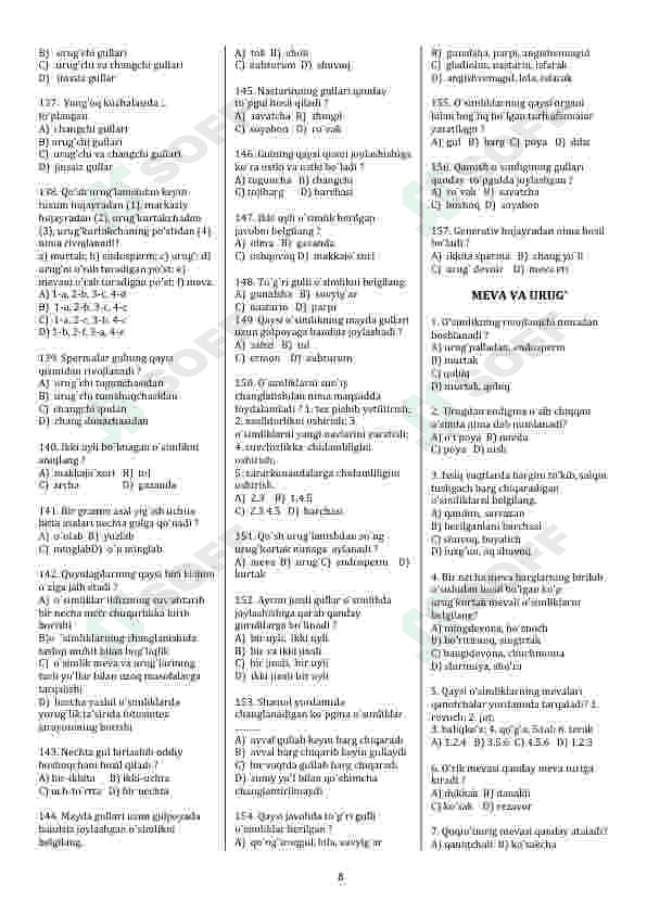 Biologiya fanidan mavzulashtirilgan testlar 7