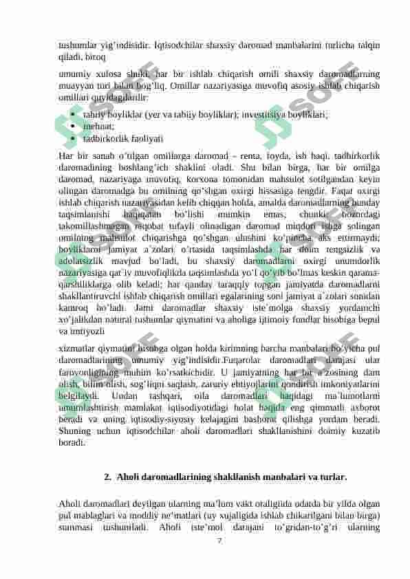 Aholi daromadlari , uning turlari va shakllanish manbalari kurs ishi 7