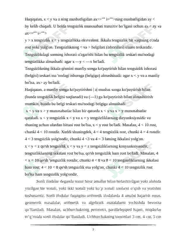 Boshlang'ich sinflarda sonli va harfli ifodalar ustida amallar kurs ishi 7