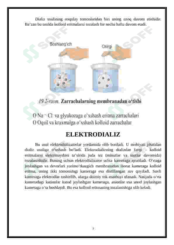 Kolloid sistemalarni dializ yo’li bilan tozalash. Gemodializni o’tkazishda kimyoning ahamiyati 7