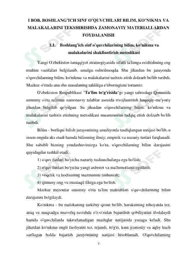 BOSHLANG’ICH SINF O’QUVCHILARI BILIM, KO’NIKMA VA MALAKALARINI TEKSHIRISHDA ZAMONAVIY MATERIALLARDAN FOYDALANISH 7