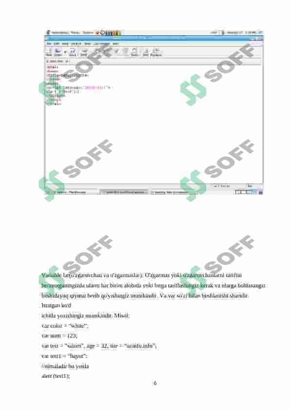 JavaScript dasturlash tili. (web sahifada JavaScript . til sintaksisi. Turlar, O’zgaruvchilar. Ifodalar, amallar.Operatorlar. fungsiyalar ) . 7