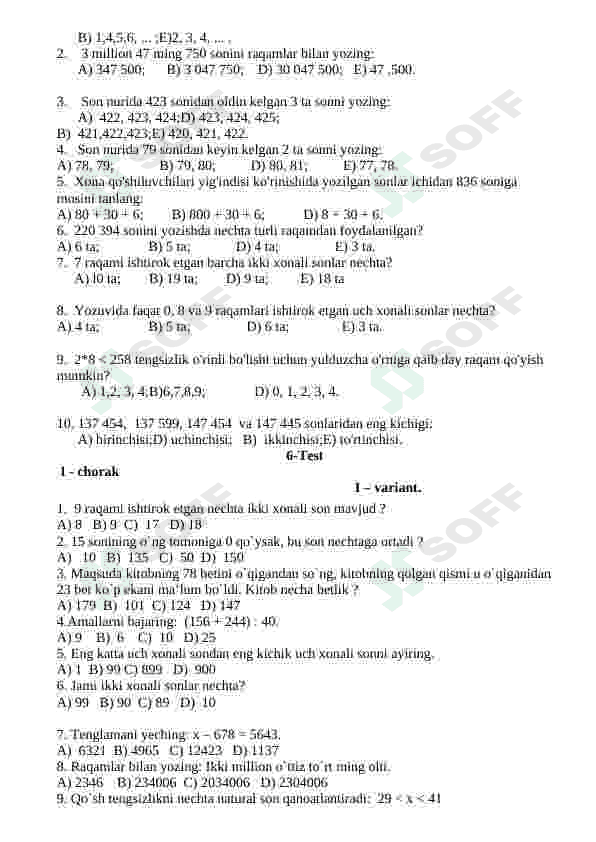 Matematika fanidan testlar 7