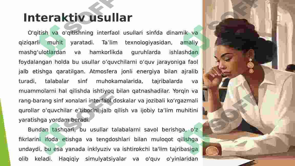 Samarali o’qitishning qiziqtiruvchi va interfaol usullari, hamda ulardan foydalanishni o’rganadi. O’quvchilar bilimini nazorat qilish usullari va ularni takomillashtirish metodikasi. 7