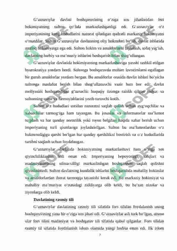 G’aznaviylar davlatining o’zbek davlatchiligida tutgan o’rni va roli 7