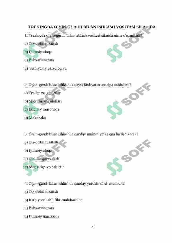 TRENINGDA O’YIN-GURUH BILAN ISHLASH VOSITASI SIFATIDA SOSIAL PSIXOLOGIK TRENINGLARDA BAHS-MUNOZARA USULLARI TRENING MASHG’ULOTLARINI OLIB BOORISH USULLARI 7