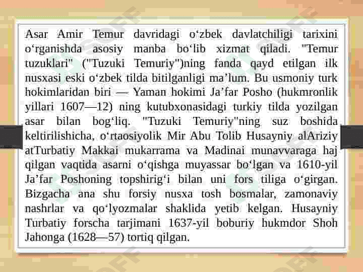 "TEMUR TUZUKLARI"  VA UNING HOZIRGI DAVRDAGI AHAMIYATI 7