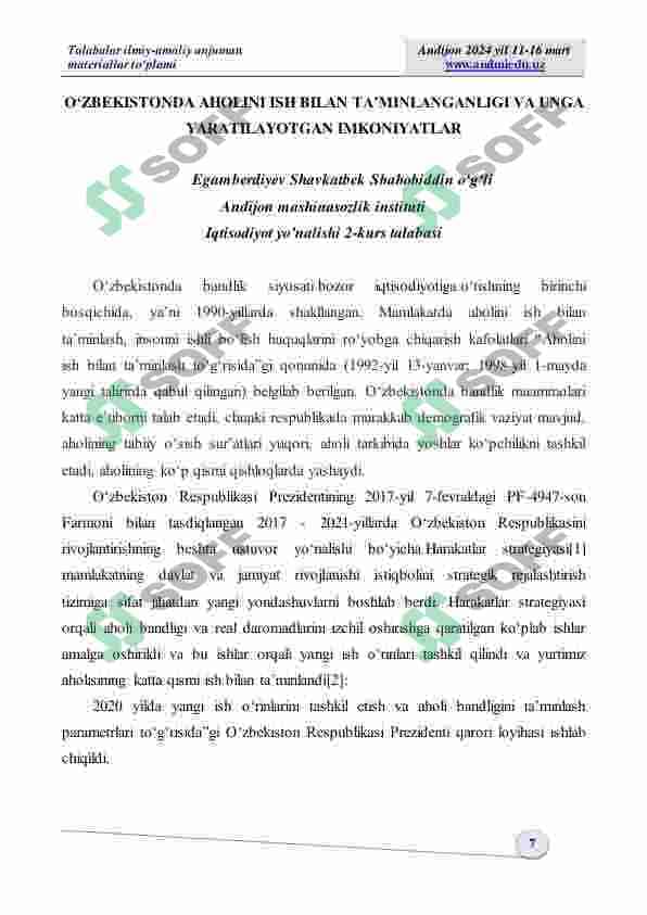 "Yangi Oʻzbekistonning istiqbolli yoshlari" mavzusida talabalar ilmiy-amaliy anjuman materiallar toʻplami 7