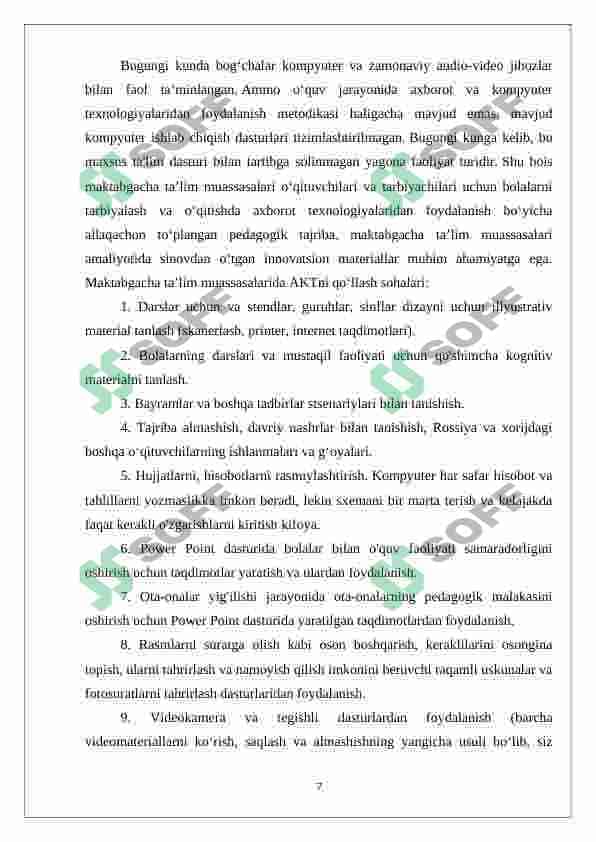 Maktabgacha yoshdagi bolalarga ta’lim-tarbiya berishda axborot texnologiyalarining o’rni 7