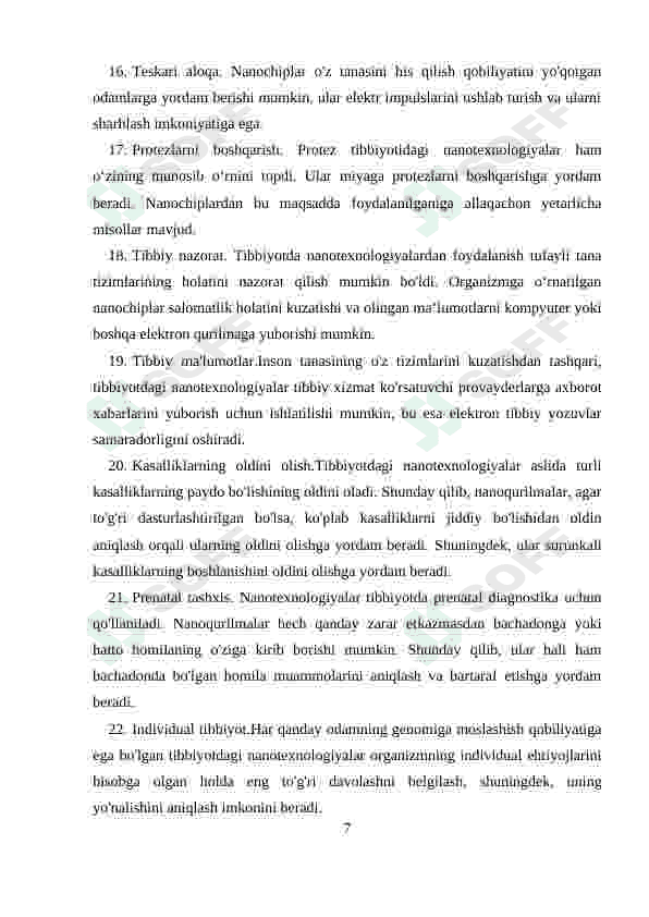 Bugungi kun tibbiyotning turli sohalarida nanotexnologiyalaridan foydalanishning asosiy sabablari hamda uning natijalari 7