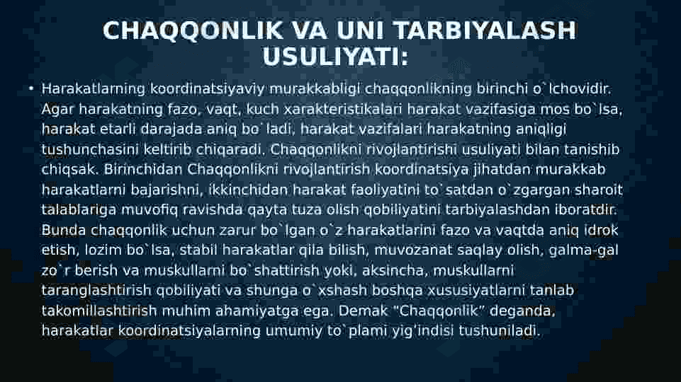 Jismoniy sifatlarni (kuch, tezkorlik, chaqqonlik , chidamlilik) tarbiyalash    	metodikasi. Slayd 7