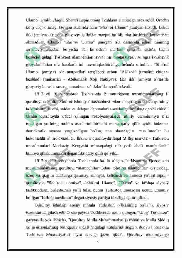 Sovet hokimiyatiga qarshi Farg’ona vodiysidagi qurolli harakatlarning yetakchilari va ularning faoliyati 7