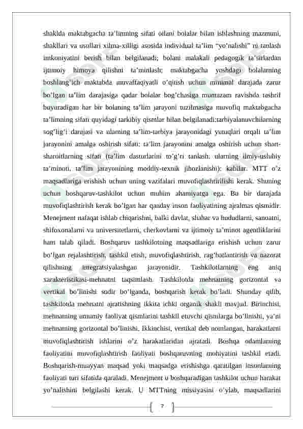 Maktabgacha ta'lim uzluksiz ta'limning alohida turi sifatida 7