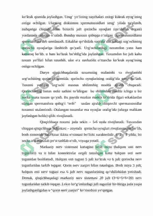 Bog'imoyoqlilar tipi. Qisqichbaqasimonlar sinfi.daryo qisqichbaqasining tashqi tuzilisi,tana bo'limlari oyoqlari,tana qoplag'ichi. 7