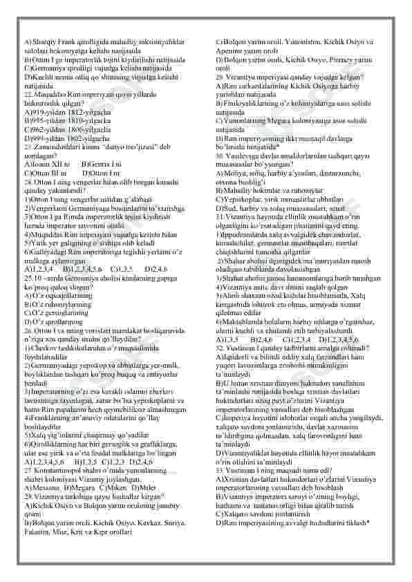 Jahon tarixi fanidan mavzulashtirilgan testlar / 7-sinf 7