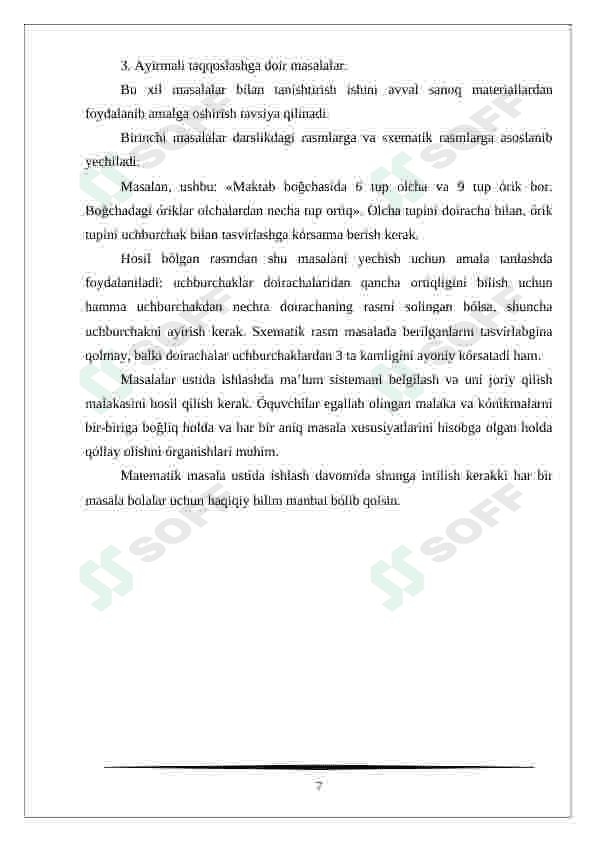 Boshlang'ich sinf matematika darsligidagi masalalar yechishning o'ziga xos xususiyati kurs ishi 7