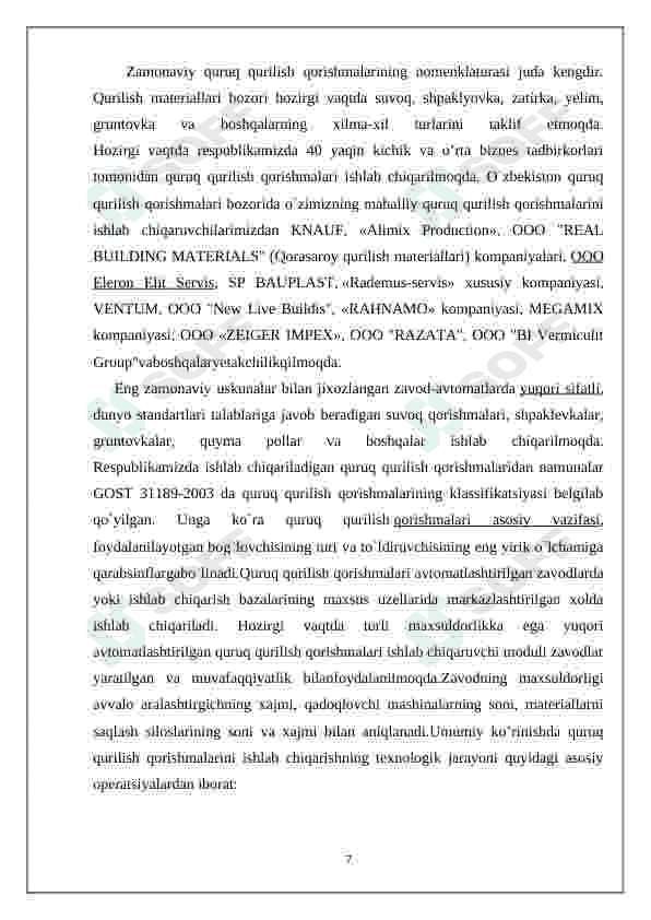 Yillik unumdorligi 500ming m3 bo’lgan quruq qurilish qorishmalari  ishlab chiqarish texnalogiyasini loyihalash. 7