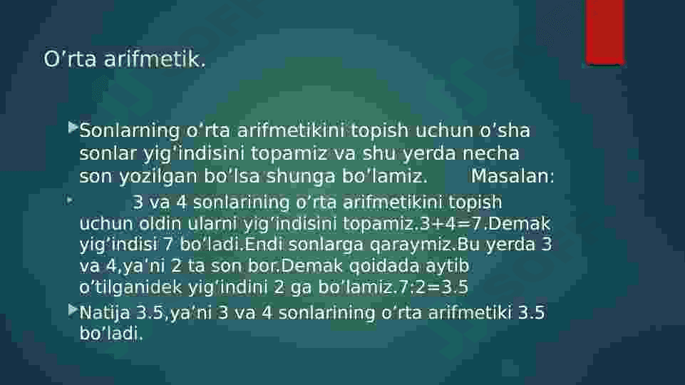 Moda,Mediana va sonning o'rta arifmetikini topish 7