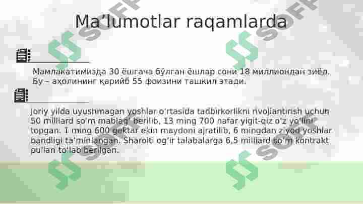 Uyushmagan yoshlarni mehnat bozorida raqobatdosh kasb-hunarlarga o’qitish va xotin- qizlar tadbirkorligini rivojlantirish 7