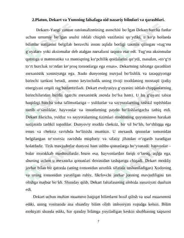 Yevropa mutafakkirlari Platon, Boetsiy, R.Dekart, D.Yumning falsafaga oid qarashlari qiyosiy taxlili 7