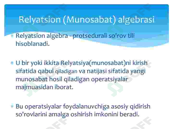 Relyatsion algebra va relyatsion hisoblash elementlari. 7
