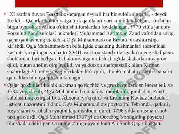 Qojarlar sulolasi hukmronligining o`rnatilishi 7