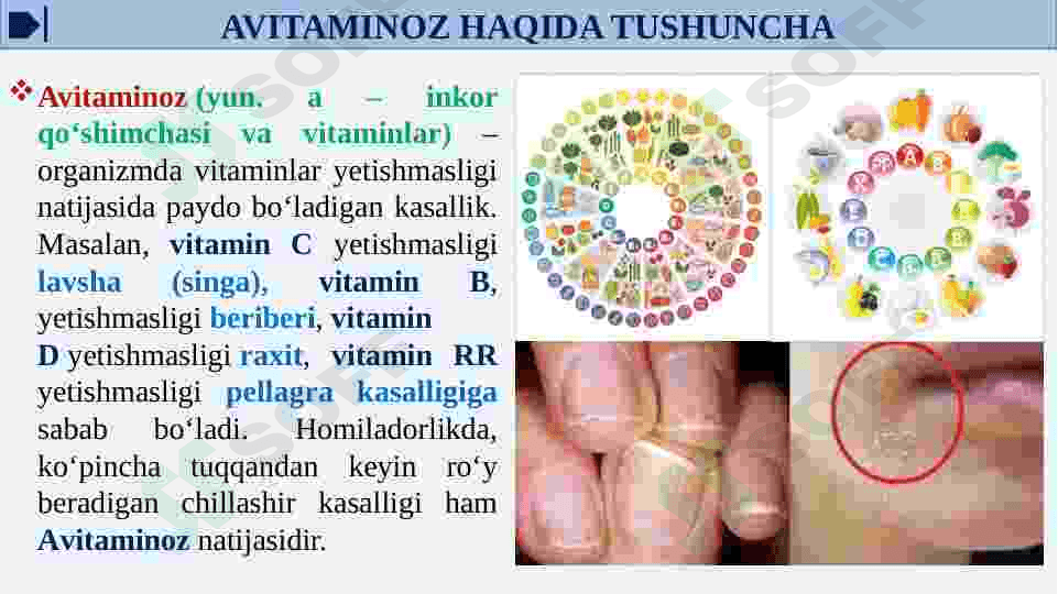 Nasliy avitaminozlar. Tabiy va sun'iy vitaminlarni metabolizmi va ekskretsiyalanishi 7