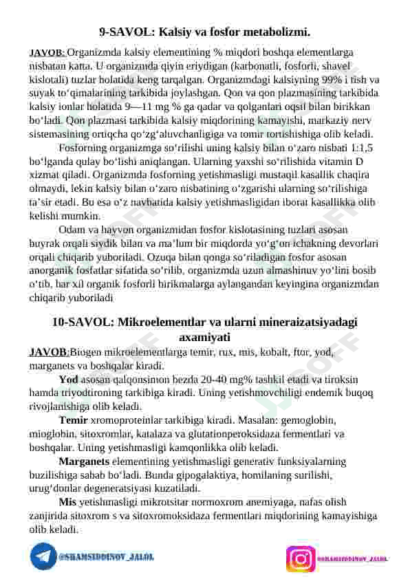 BIOKIMYO FANIDAN IMTIXON SAVOLLARIGA JAVOBLAR 7